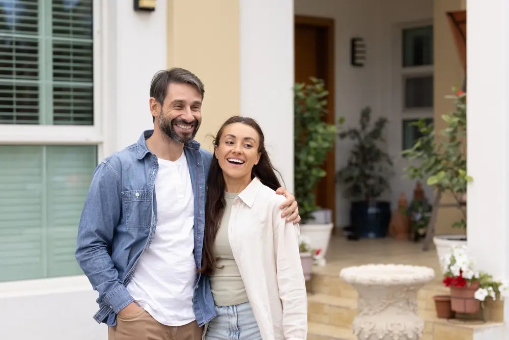 Happy young couple smiling outside of their home